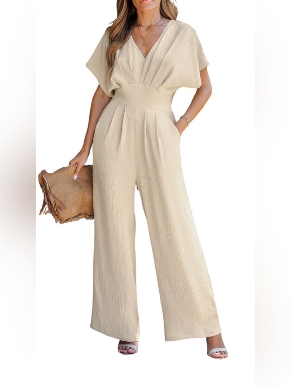Light Cream V-Neck Straight-Leg Jumpsuit